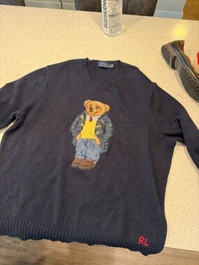 Ralph Lauren Navy Crewneck Sweater with Bear Intarsia
